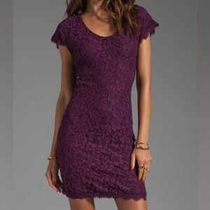 Diane von Furstenberg Purple Lace Mini Dress with Scoop Neck and Flutter Sleeves